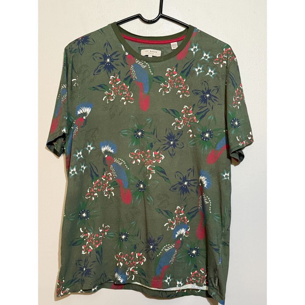Ted Baker London Womens Size 4 Olive Bird Floral Print Cotton T Shirt
